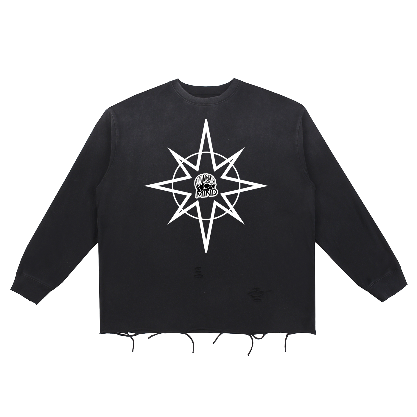 Black sweatshirt with white star design and text on a white background