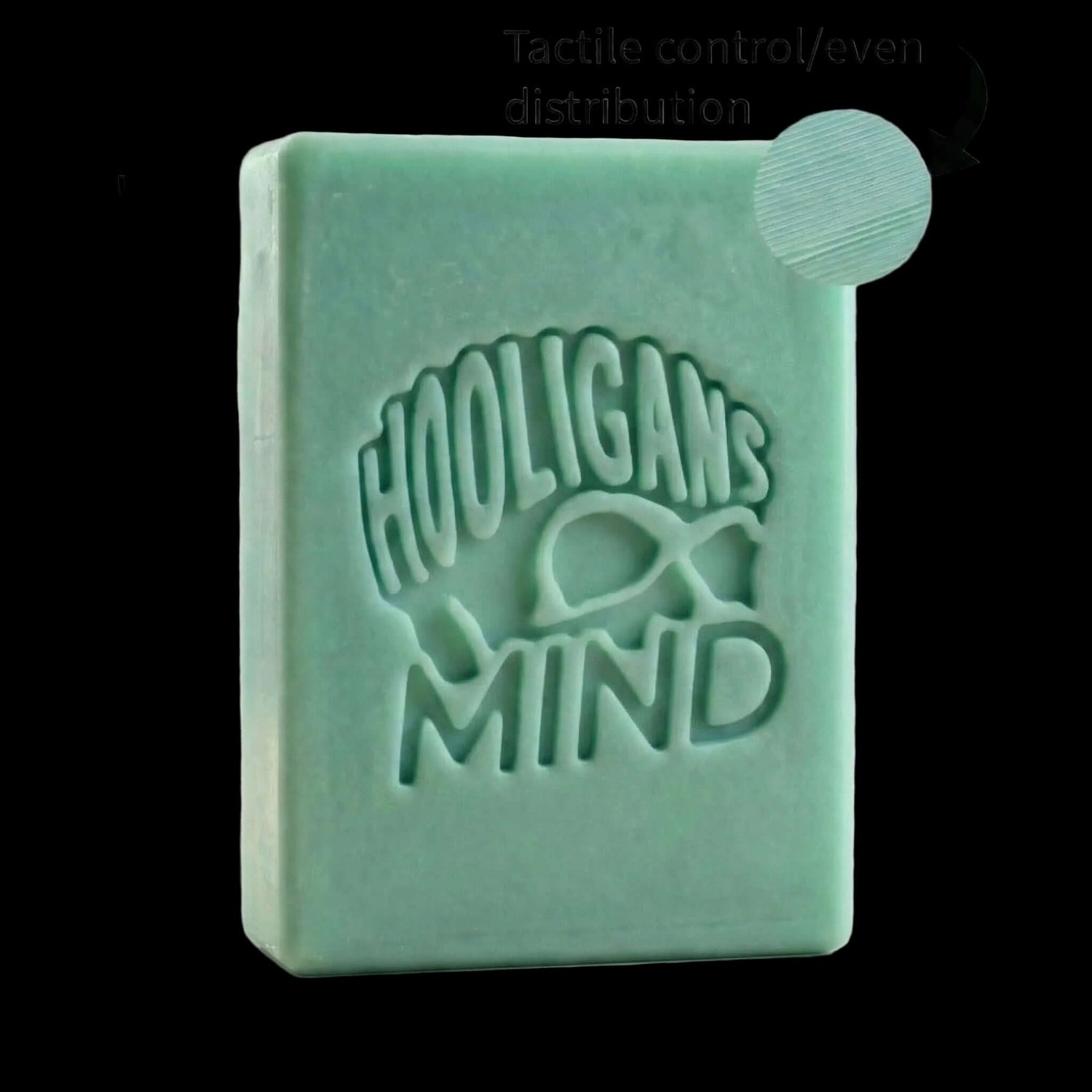 Mint green square block of wax with 'Hooligan's Mind' branding on a black background