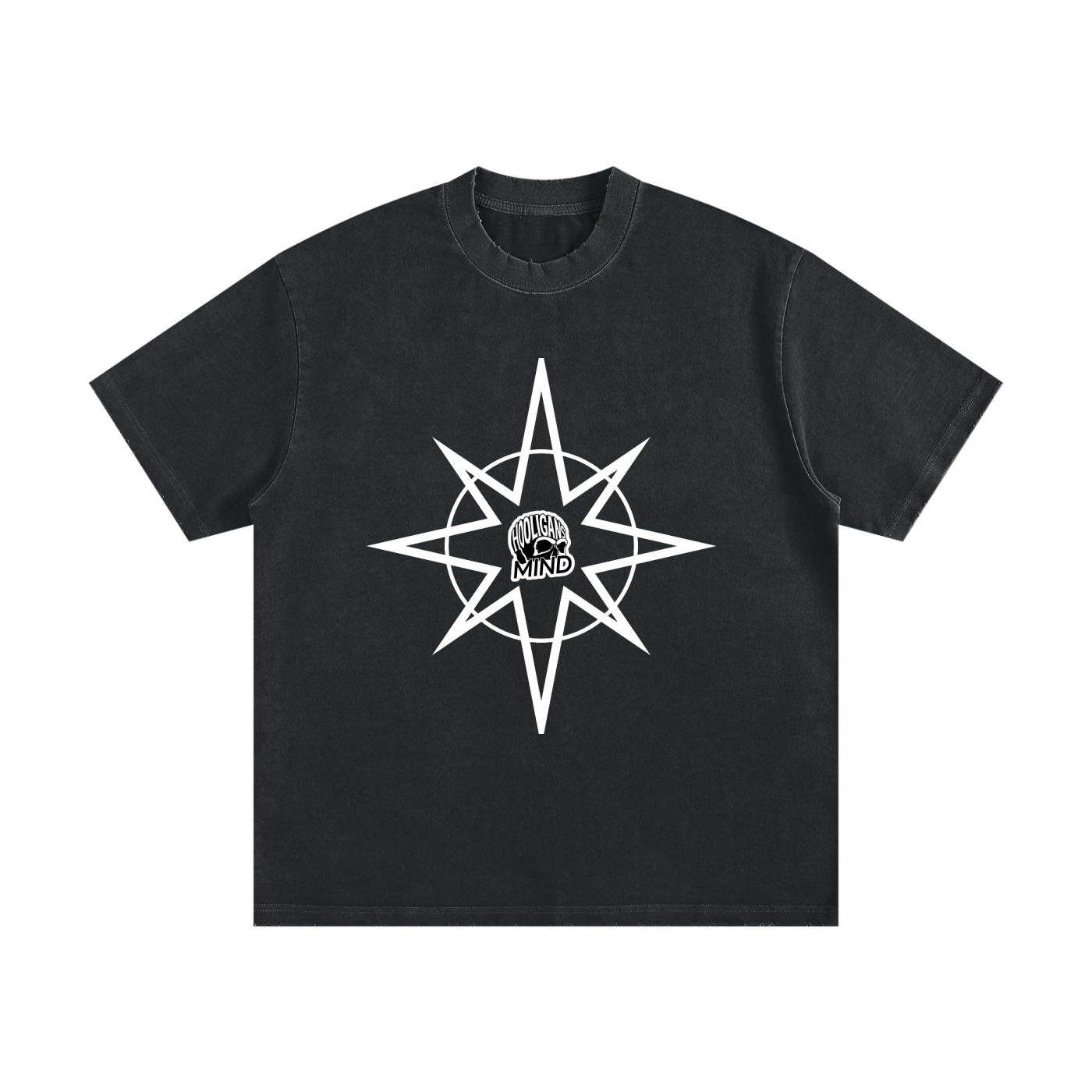 Black t-shirt with a white star design and text on a white background