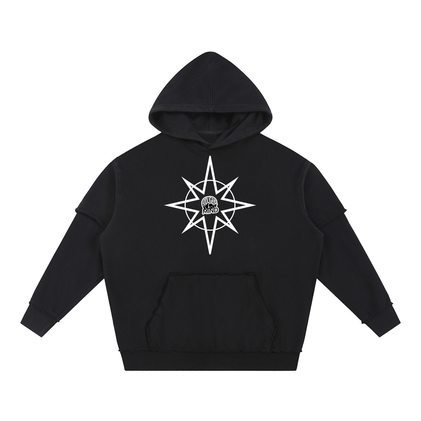 Black hoodie with a white star design on a white background