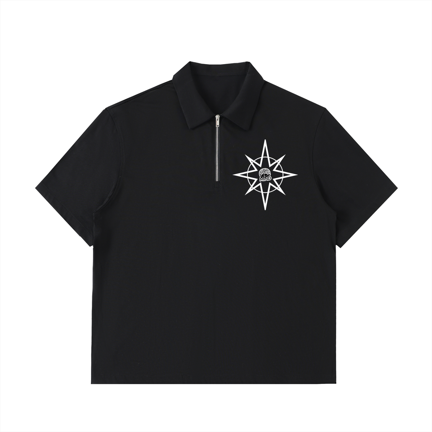 Black polo shirt with a logo on the chest against a white background