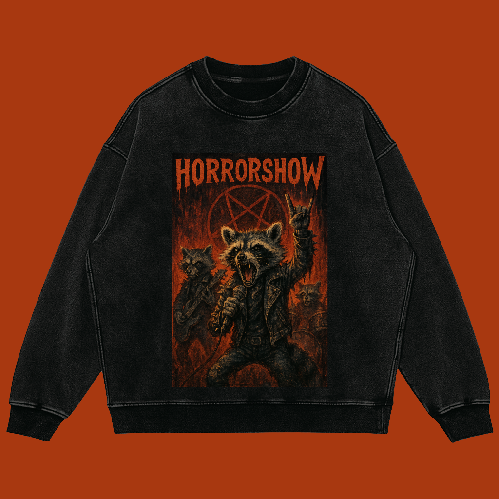 Hooligans Mind oversized black comfort sweater featuring a Rockstar horror show raccoon  design on a black sweater.. metal head apparel