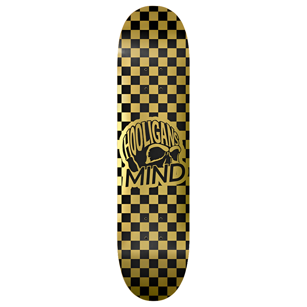 Hooligans Mind Checkered Logo Skateboard Deck | Gold Edition