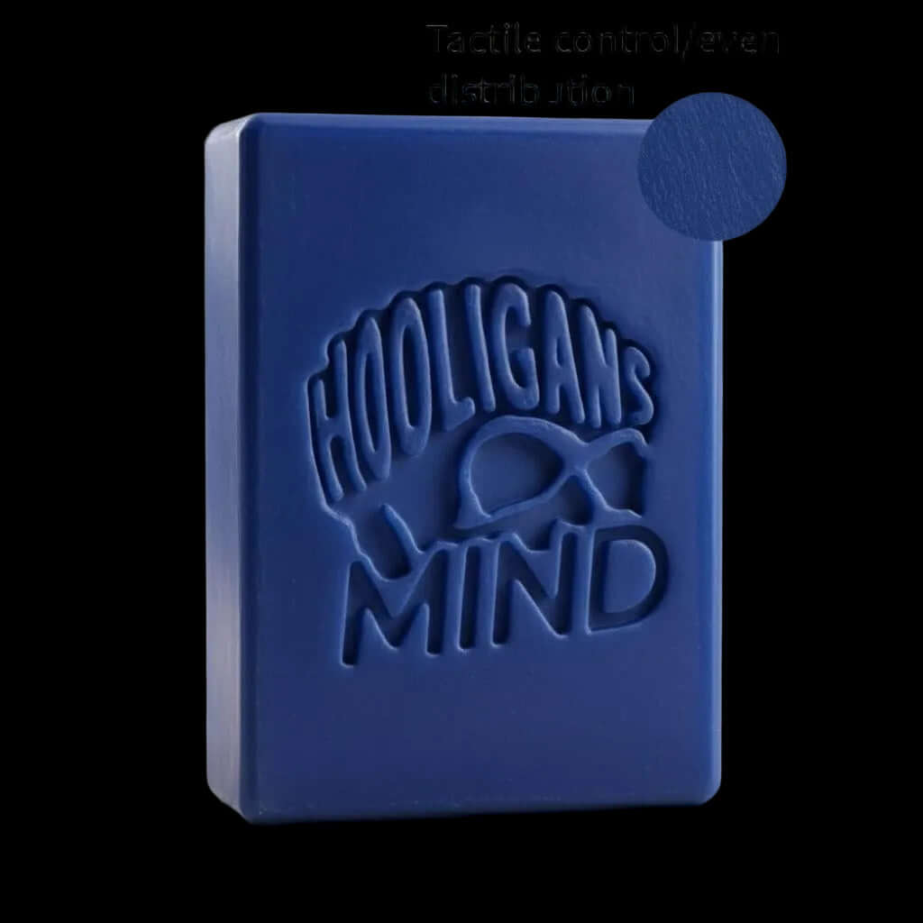 Blue rectangular wax block with 'Hooligan's Mind' branding